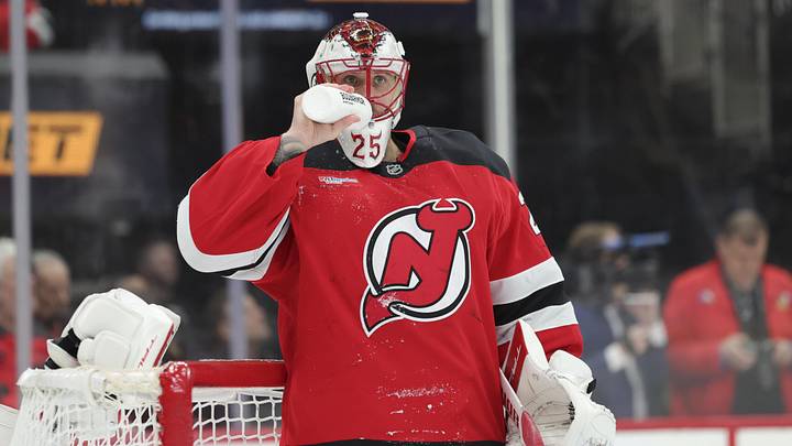 Apr 7, 2026; Newark, New Jersey, USA;  New Jersey Devils goaltender Jacob Markstrom (25) takes a break during a stoppage in play against the Philadelphia Flyers during the first period at Prudential Center. Mandatory Credit: Luther Schlaifer-Imagn Images