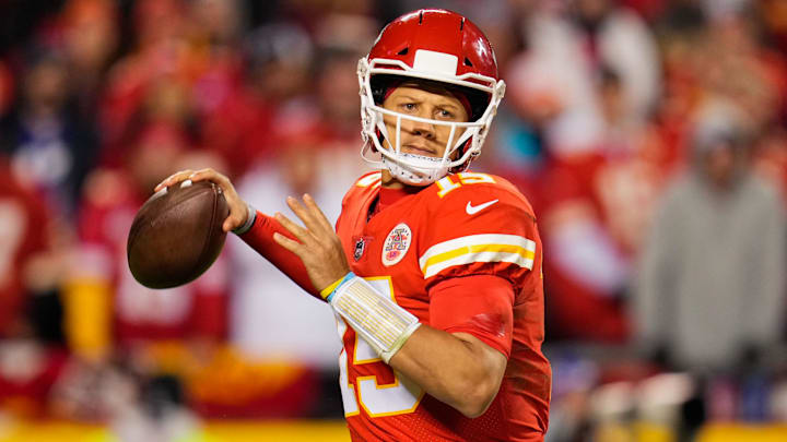 Nov 1, 2021; Kansas City, Missouri, USA; Kansas City Chiefs quarterback Patrick Mahomes (15) throws a pass against the New York Giants during the second half at GEHA Field at Arrowhead Stadium. Mandatory Credit: Jay Biggerstaff-Imagn Images