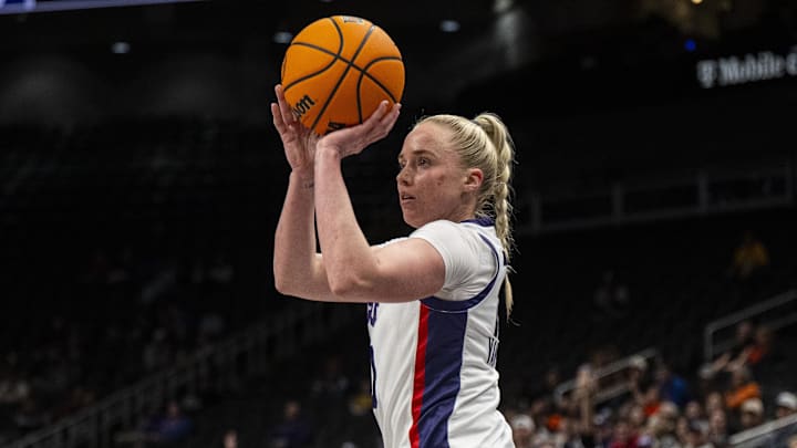 Mar 8, 2025; Kansas City, MO, USA; TCU Horned Frogs guard Hailey Van Lith (10) shoots the ball against the West Virginia Mountaineers during the first half at T-Mobile Center. Mandatory Credit: Amy Kontras-Imagn Images