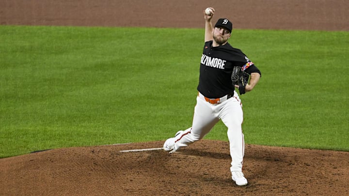 Sep 20, 2024; Baltimore, Maryland, USA;  Baltimore Orioles pitcher Corbin Burnes (39) throws a third inning pitch against the Detroit Tigers at Oriole Park at Camden Yards. 