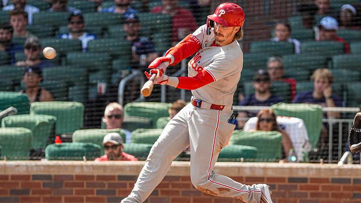 Sep 13, 2026; Cumberland, Georgia, USA; Philadelphia Phillies third baseman Bryson Stott (5) hits a single to drive in a run against the Atlanta Braves during the eighth inning at Truist Park. Mandatory Credit: Dale Zanine-Imagn Images Sep 13, 2026; Cumberland, Georgia, USA; Philadelphia Phillies third baseman Bryson Stott (5) hits a single to drive in a run against the Atlanta Braves during the eighth inning at Truist Park. Mandatory Credit: Dale Zanine-Imagn Images