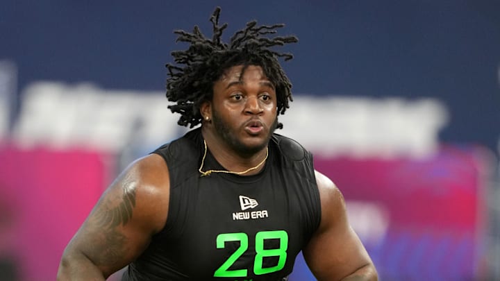 Mar 2, 2025; Indianapolis, IN, USA; Missouri offensive lineman Armand Membou (OL28) during the 2025 NFL Scouting Combine at Lucas Oil Stadium. Mandatory Credit: Kirby Lee-Imagn Images