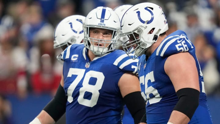 Indianapolis Colts center Ryan Kelly (78) talks with Indianapolis Colts guard Quenton Nelson (56) on Saturday, Jan. 6, 2024, during a game against the Houston Texans at Lucas Oil Stadium in Indianapolis.