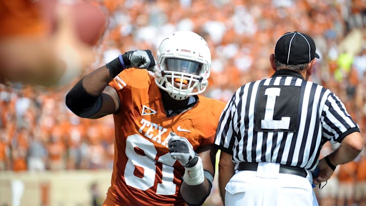 Sept 25, 2010; Austin, TX, USA; Texas Longhorns defensive end Sam Acho (81) reacts against the UCLA Bruins during the first quarter at Texas Memorial Stadium. UCLA beat Texas 34-12. Mandatory Credit: Brendan Maloney-Imagn Images Sept 25, 2010; Austin, TX, USA; Texas Longhorns defensive end Sam Acho (81) reacts against the UCLA Bruins during the first quarter at Texas Memorial Stadium. UCLA beat Texas 34-12. Mandatory Credit: Brendan Maloney-Imagn Images