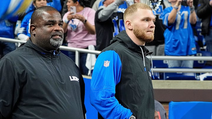 Detroit Lions defensive end Aidan Hutchinson (97) takes the field to watch warm up before the NFC divisional round between Detroit Lions and Washington Commanders at Ford Field in Detroit on Saturday, Jan. 18, 2025.