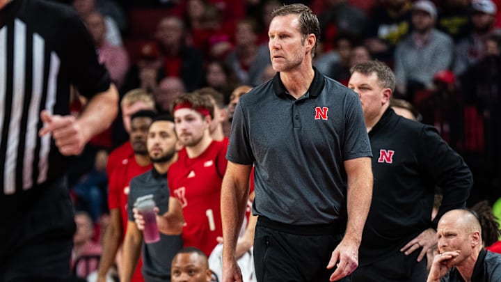 Feb 24, 2025; Lincoln, Nebraska, USA; Nebraska Cornhuskers head coach Fred Hoiberg watches during the first half against the Michigan Wolverines at Pinnacle Bank Arena.