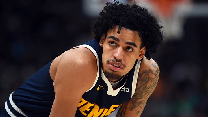 Feb 25, 2026; Denver, Colorado, USA; Denver Nuggets guard Julian Strawther (3) during the second half against the Boston Celtics at Ball Arena. Mandatory Credit: Christopher Hanewinckel-Imagn Images
