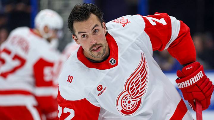 Apr 13, 2026; Tampa, Florida, USA; Detroit Red Wings defenseman Justin Faulk (72) warms up before a game against the Tampa Bay Lightning at Benchmark International Arena. Mandatory Credit: Nathan Ray Seebeck-Imagn Images