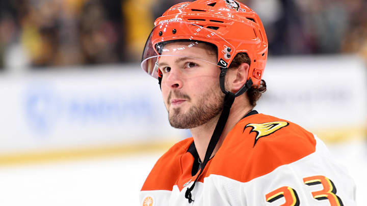 Oct 23, 2025; Boston, Massachusetts, USA; Anaheim Ducks center Mason McTavish (23) looks into the crowd during warmups prior to a game against the Boston Bruins at TD Garden. Mandatory Credit: Bob DeChiara-Imagn Images