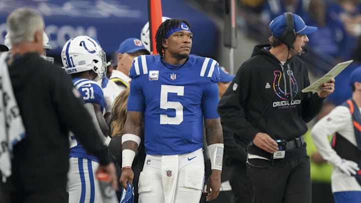 Sep 29, 2024; Indianapolis, Indiana, USA; Indianapolis Colts quarterback Anthony Richardson (5) walks the sidelines Sunday, Sept. 29, 2024, during a game against the Pittsburgh Steelers at Lucas Oil Stadium. Sep 29, 2024; Indianapolis, Indiana, USA; Indianapolis Colts quarterback Anthony Richardson (5) walks the sidelines Sunday, Sept. 29, 2024, during a game against the Pittsburgh Steelers at Lucas Oil Stadium.