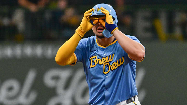 Sep 22, 2024; Milwaukee, Wisconsin, USA; Milwaukee Brewers shortstop Willy Adames (27) reacts after hitting a double to drive in a run in the seventh inning against the Arizona Diamondbacks at American Family Field. Mandatory Credit: Benny Sieu-Imagn Images Sep 22, 2024; Milwaukee, Wisconsin, USA; Milwaukee Brewers shortstop Willy Adames (27) reacts after hitting a double to drive in a run in the seventh inning against the Arizona Diamondbacks at American Family Field. Mandatory Credit: Benny Sieu-Imagn Images