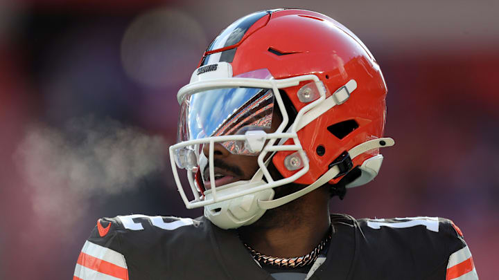 Cleveland Browns quarterback Shedeur Sanders (12) surveys the field before an NFL football game at Huntington Bank Field, Dec. 21, 2025, in Cleveland, Ohio.