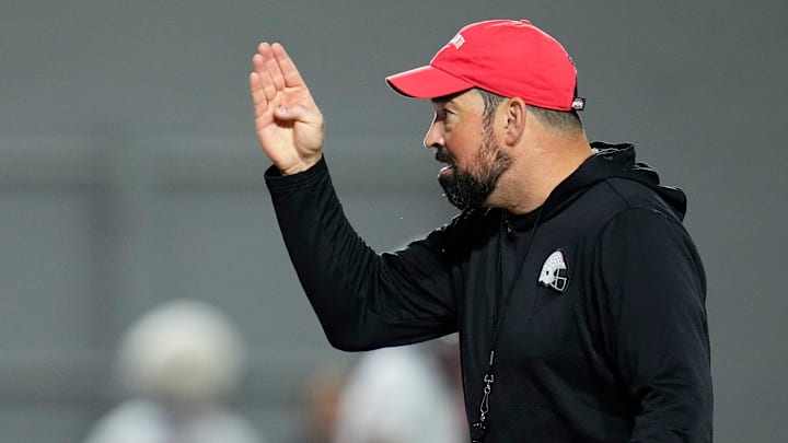 Ohio State Buckeyes head coach Ryan Day motions during the first day of spring workouts for the 2026 football season at Woody Hayes Athletic Complex in Columbus on March 10, 2026.