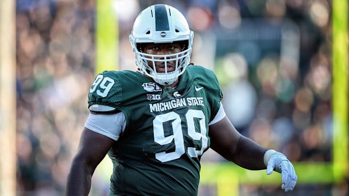Sep 28, 2019; East Lansing, MI, USA; Michigan State Spartans defensive tackle Raequan Williams (99) stands on the field during the first half of a game against the Indiana Hoosiers  at Spartan Stadium. Mandatory Credit: Mike Carter-Imagn Images