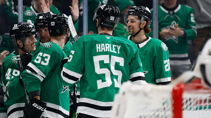 Dec 27, 2025; Dallas, Texas, USA;  Dallas Stars center Justin Hryckowian (49) celebrates with teammates after scoring a goal against the Chicago Blackhawks during the second period at American Airlines Center. Mandatory Credit: Chris Jones-Imagn Images