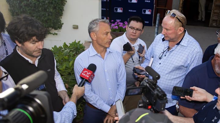 Nov 8, 2023; Scottsdale, AZ, USA; Chicago Cubs president of baseball operations Jed Hoyer speaks to the media during the MLB General Manager's Meetings at Omni Scottsdale Resort & Spa. Mandatory Credit: Mark J. Rebilas-Imagn Images