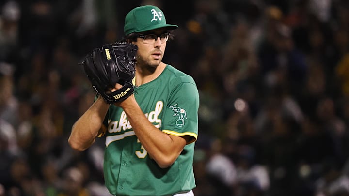 Sep 25, 2024; Oakland, California, USA; Oakland Athletics relief pitcher Joe Boyle (35) pitches the ball against the Texas Rangers during the fourth inning at Oakland-Alameda County Coliseum. Mandatory Credit: Kelley L Cox-Imagn Images