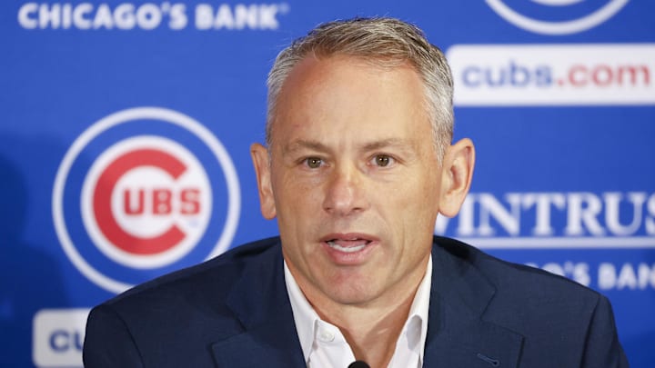 Nov 13, 2023; Chicago, Illinois, USA; Chicago Cubs president of baseball operations Jed Hoyer speaks before introducing Craig Counsell as new Cubs manager during a press conference in Chicago. Nov 13, 2023; Chicago, Illinois, USA; Chicago Cubs president of baseball operations Jed Hoyer speaks before introducing Craig Counsell as new Cubs manager during a press conference in Chicago.
