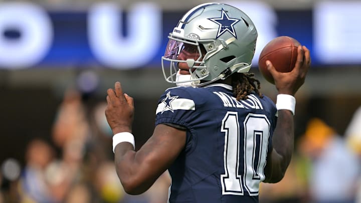 Dallas Cowboys quarterback Joe Milton III throws a pass during the first half against the Los Angeles Rams at SoFi Stadium.