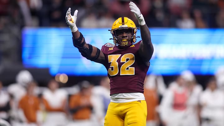 Jan 1, 2025; Atlanta, GA, USA; Arizona State Sun Devils defensive lineman Prince Dorbah (32) fires up the crowd against the Texas Longhorns in the fourth quarter at Mercedes-Benz Stadium. Mandatory Credit: Brett Davis-Imagn Images