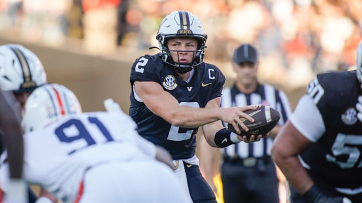 Vanderbilt quarterback Diego Pavia (2) looks to hand off during the first quarter against Auburn at FirstBank Stadium in Nashville, Tenn., Saturday, Nov. 8, 2025.
