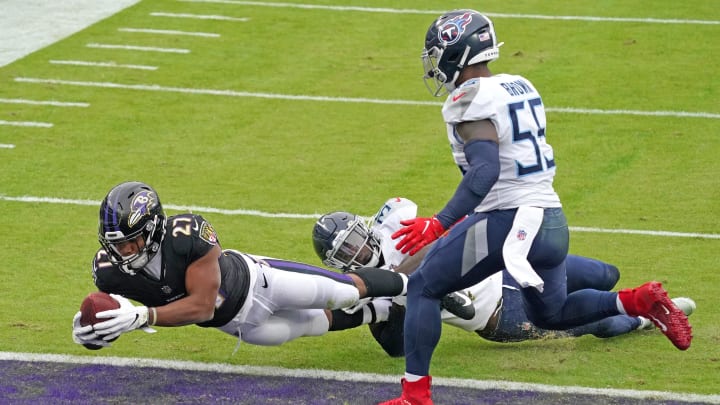 Nov 22, 2020; Baltimore, Maryland, USA; Baltimore Ravens   running back JK Dobbins (27) scores a