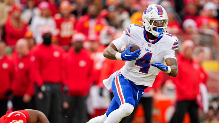 Dec 10, 2023; Kansas City, Missouri, USA; Buffalo Bills running back James Cook (4) runs the ball