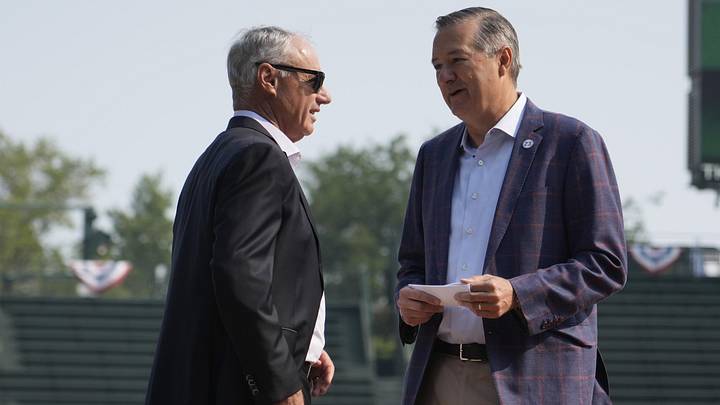 Aug 1, 2025; Chicago, IL, USA; MLB commissioner Rob Manfred and Cubs chairman Tom Ricketts talk before Major League Baseball and the Chicago Cubs announce the 2027 All Star game at Wrigley Field. Mandatory Credit: David Banks-Imagn Images