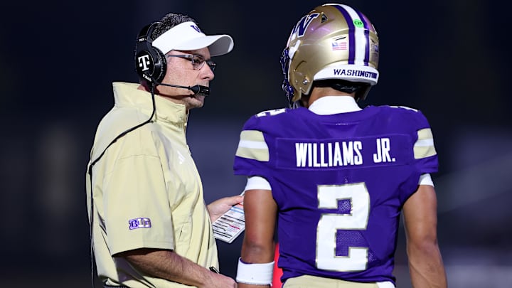 Washington head coach Jedd Fisch and quarterback Demond Williams Jr. speak during Washington's 70-10 Week 2 victory over UC Davis.
