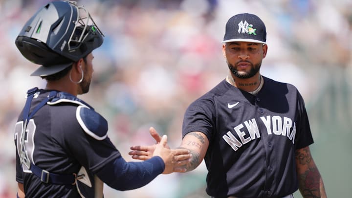 Mar 4, 2026; Fort Myers, Florida, USA;  New York Yankees catcher Payton Henry (79) congratulates pitcher Luis Gil (81) after the first inning against the Boston Red Sox at JetBlue Park at Fenway South.
