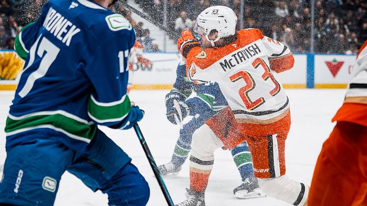 Mar 24, 2026; Vancouver, British Columbia, CAN; Anaheim Ducks forward Mason McTavish (23) scores on this shot against the Vancouver Canucks in the third period at Rogers Arena. Mandatory Credit: Bob Frid-Imagn Images