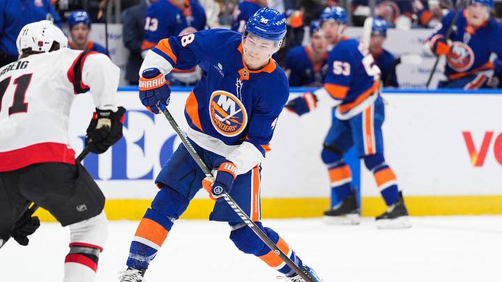 Apr 11, 2026; Elmont, New York, USA; New York Islanders defenseman Matthew Schaefer (48) shoots the puck in the second period at UBS Arena. Mandatory Credit: Alexander Wohl-Imagn Images Apr 11, 2026; Elmont, New York, USA; New York Islanders defenseman Matthew Schaefer (48) shoots the puck in the second period at UBS Arena. Mandatory Credit: Alexander Wohl-Imagn Images