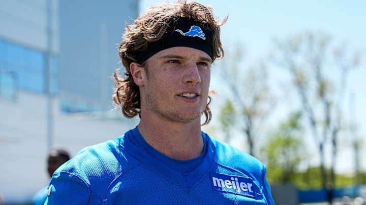 Detroit Lions wide receiver Isaac TeSlaa speaks after practice during rookie minicamp at Meijer Performance Center in Allen Park on Friday, May 9, 2025.