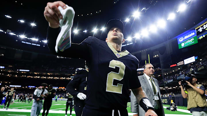 New Orleans Saints QB Spencer Rattler (2) celebrates after his fist career win against the New York Giants on Oct. 5, 2025