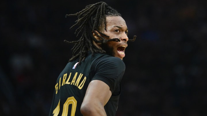 Apr 30, 2024; Cleveland, Ohio, USA; Cleveland Cavaliers guard Darius Garland (10) argues a call during the first half against the Orlando Magic in game five of the first round for the 2024 NBA playoffs at Rocket Mortgage FieldHouse.