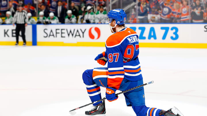May 25, 2025; Edmonton, Alberta, CAN; Edmonton Oilers center Connor McDavid (97) celebrates after he scores a goal against Dallas Stars goaltender Jake Oettinger (not pictured) during the first period in game three of the Western Conference Final of the 2025 Stanley Cup Playoffs at Rogers Place. Mandatory Credit: Perry Nelson-Imagn Images May 25, 2025; Edmonton, Alberta, CAN; Edmonton Oilers center Connor McDavid (97) celebrates after he scores a goal against Dallas Stars goaltender Jake Oettinger (not pictured) during the first period in game three of the Western Conference Final of the 2025 Stanley Cup Playoffs at Rogers Place. Mandatory Credit: Perry Nelson-Imagn Images