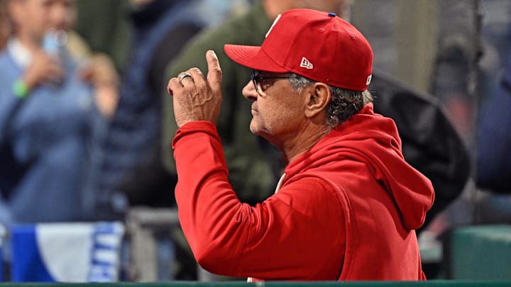 Apr 28, 2026; Philadelphia, Pennsylvania, USA; Philadelphia Phillies interim manager Don Mattingly (8) acknowledges the crowd after win against the San Francisco Giants at Citizens Bank Park. 