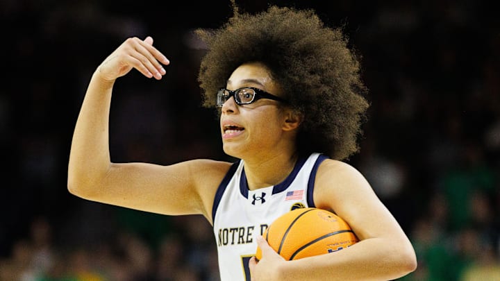 Notre Dame guard Olivia Miles calls a play during a game.