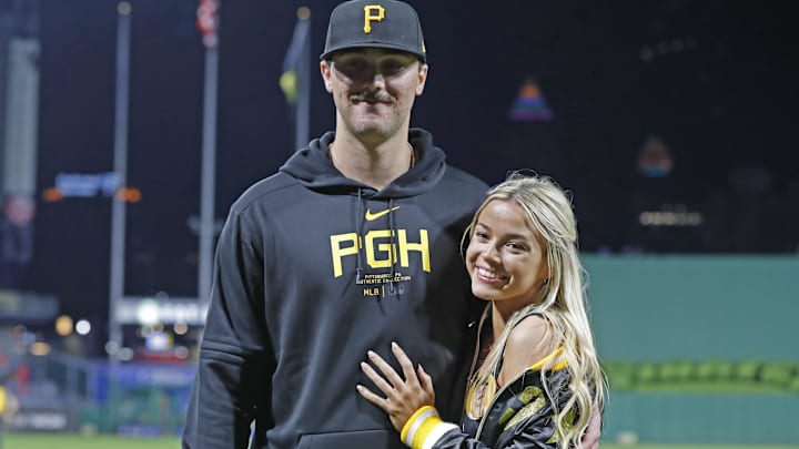 May 11, 2024; Pittsburgh, Pennsylvania, USA;  Pittsburgh Pirates ace Paul Skenes poses with his girlfriend LSU gymnast Olivia Dunne.