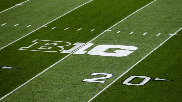 Sep 23, 2023; University Park, Pennsylvania, USA; A detailed view of the Big Ten Conference logo on the field prior to the game between the Iowa Hawkeyes and the Penn State Nittany Lions at Beaver Stadium. Mandatory Credit: Matthew O'Haren-USA TODAY Sports