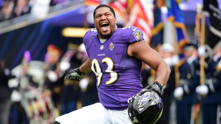 Calais Campbell runs onto the field prior to a Baltimore Ravens game against the Cincinnati Bengals at M&T Bank Stadium in 2021. Calais Campbell runs onto the field prior to a Baltimore Ravens game against the Cincinnati Bengals at M&T Bank Stadium in 2021.