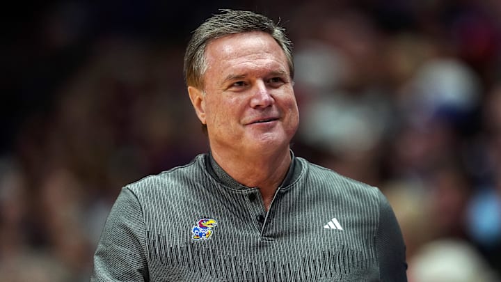 Nov 19, 2024; Lawrence, Kansas, USA; Kansas Jayhawks head coach Bill Self reacts during the second half against the North Carolina-Wilmington Seahawks at Allen Fieldhouse. Mandatory Credit: Jay Biggerstaff-Imagn Images Nov 19, 2024; Lawrence, Kansas, USA; Kansas Jayhawks head coach Bill Self reacts during the second half against the North Carolina-Wilmington Seahawks at Allen Fieldhouse. Mandatory Credit: Jay Biggerstaff-Imagn Images