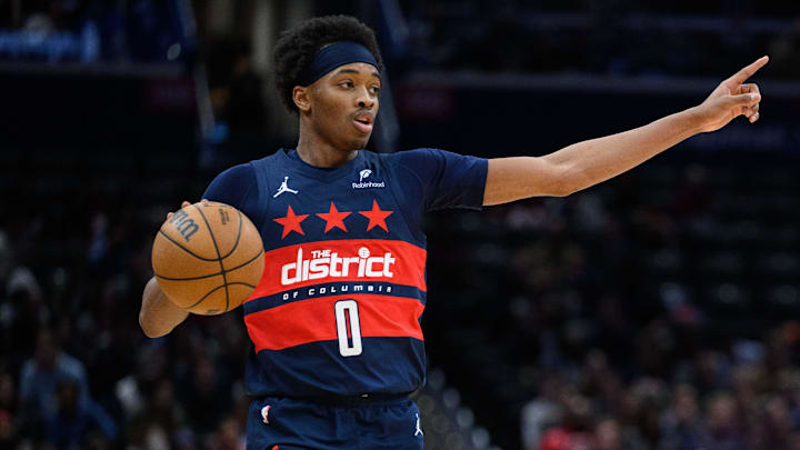 Mar 5, 2025; Washington, District of Columbia, USA; Washington Wizards guard Bilal Coulibaly (0) handles the ball during the second quarter against the Utah Jazz at Capital One Arena. Mandatory Credit: Reggie Hildred-Imagn Images