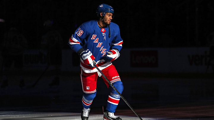 Mar 16, 2025; New York, New York, USA; New York Rangers defenseman K'Andre Miller (79) skates during the first period against the Edmonton Oilers at Madison Square Garden. Mandatory Credit: Danny Wild-Imagn Images
