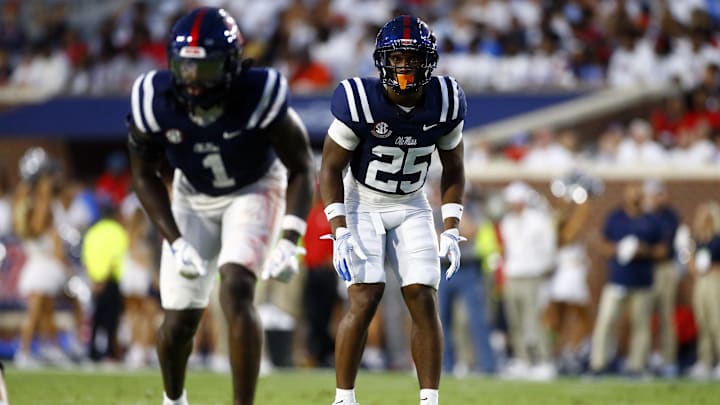 Aug 31, 2024; Oxford, Mississippi, USA; Mississippi Rebels defensive back Trey Washington (25) waits for the snap during the first half against the Furman Paladins at Vaught-Hemingway Stadium. Mandatory Credit: Petre Thomas-Imagn Images