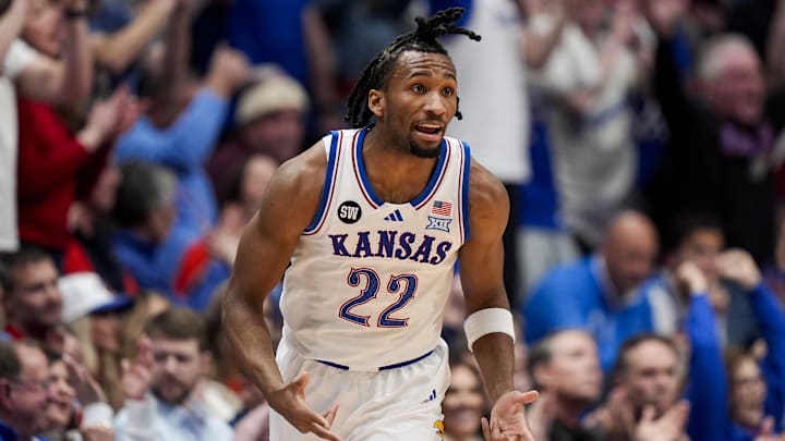 Jan 24, 2026; Columbia, Missouri, USA; Kansas Jayhawks guard Darryn Peterson (22) reacts after scoring during the first half against the BYU Cougars at Mizzou Arena. Mandatory Credit: Jay Biggerstaff-Imagn Images Jan 24, 2026; Columbia, Missouri, USA; Kansas Jayhawks guard Darryn Peterson (22) reacts after scoring during the first half against the BYU Cougars at Mizzou Arena. Mandatory Credit: Jay Biggerstaff-Imagn Images