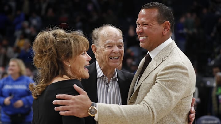 Current majority owner of the Minnesota Timberwolves Glen Taylor and his wife Becky Mulvihill greet minority owner Alex Rodriguez after the team defeated the Golden State Warriors at Target Center in Minneapolis on Feb. 1, 2023.