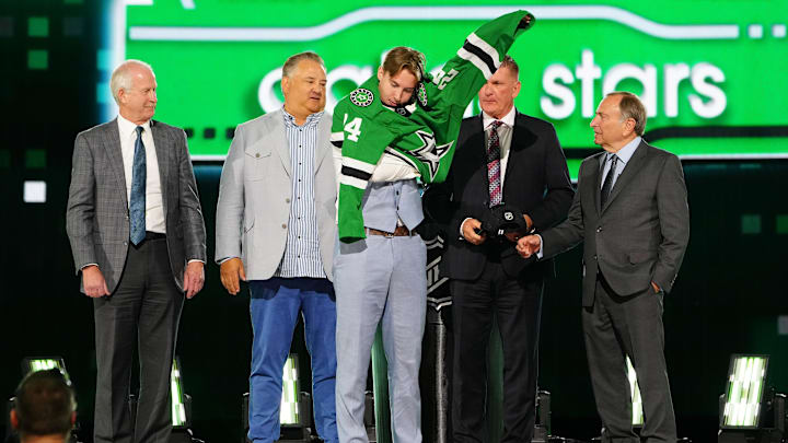 Jun 28, 2024; Las Vegas, Nevada, USA; Emil Hemming is selected by the Dallas Stars with the 29th overall pick in the first round of the 2024 NHL Draft at The Sphere. Mandatory Credit: Stephen R. Sylvanie-Imagn Images