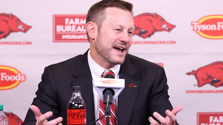 Arkansas Razorbacks coach Ryan Silverfield during his introductory press conference at Frank Broyles Center in Fayetteville, Ark.