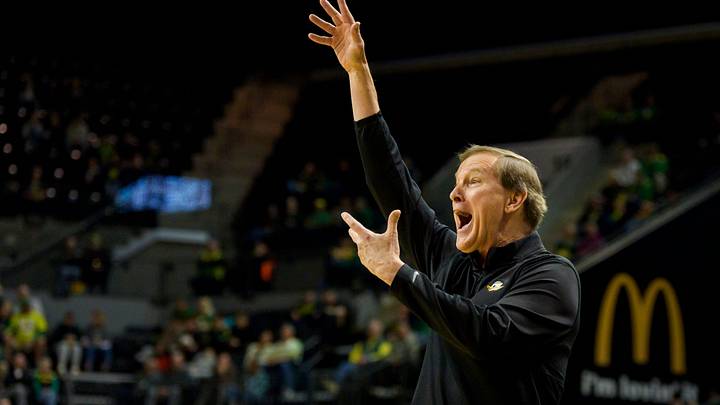 Oregon head coach Dana Altman argues a call as the Oregon Ducks host the Minnesota Golden Gophers on Feb. 17, 2026, at Matthew Knight Arena in Eugene, Oregon.